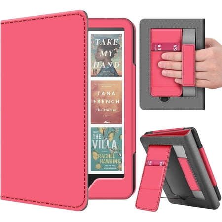 Stand Case for Kindle Paperwhite 12th Generation 2024 / Kindle Colorsoft Signature Edition with Hand Strap & Card Slot - 7" PU Leather Protective Folio Cover with Auto Wake/Sleep, Light Pink