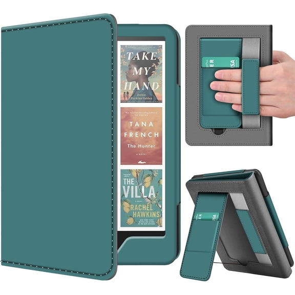 Stand Case for Kindle Paperwhite 12th Generation 2024 / Kindle Colorsoft Signature Edition with Hand Strap & Card Slot - 7" PU Leather Protective Folio Cover with Auto Wake/Sleep, Dark Green