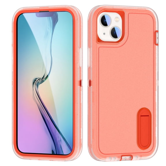 Stand Case for iPhone 14 Plus with Metal Kickstand Hard PC & TPU Back Shockproof [Military Grade Protection] Heavy Duty Rugged Hybird Protective Cover for iPhone 14 Plus, Orange+Clear