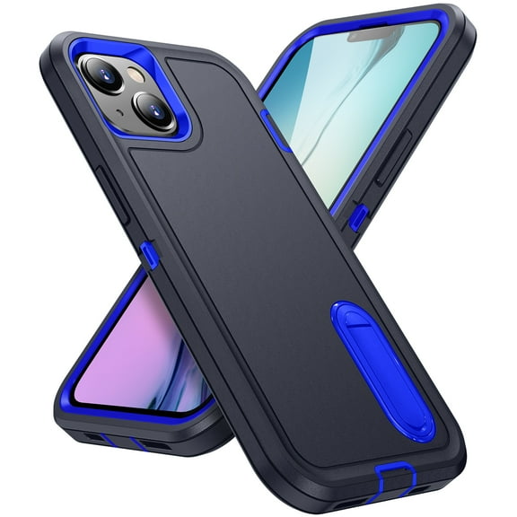 Stand Case for iPhone 15 Plus with Metal Kickstand Hard PC & TPU Back Shockproof [Military Grade Protection] Heavy Duty Rugged Hybird Protective Cover for iPhone 15 Plus, Blue+Navy