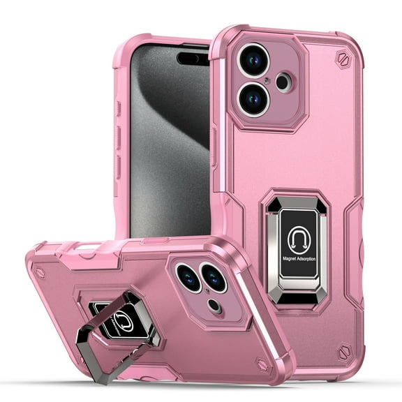 Stand Case for iPhone 16, with Rotating Ring kickstand [Magnetic Car Mount], Hard and Soft TPU Hybrid Shockproof Anti-Slip Rugged Heavy Duty Protection Cover for iPhone 16, Pink