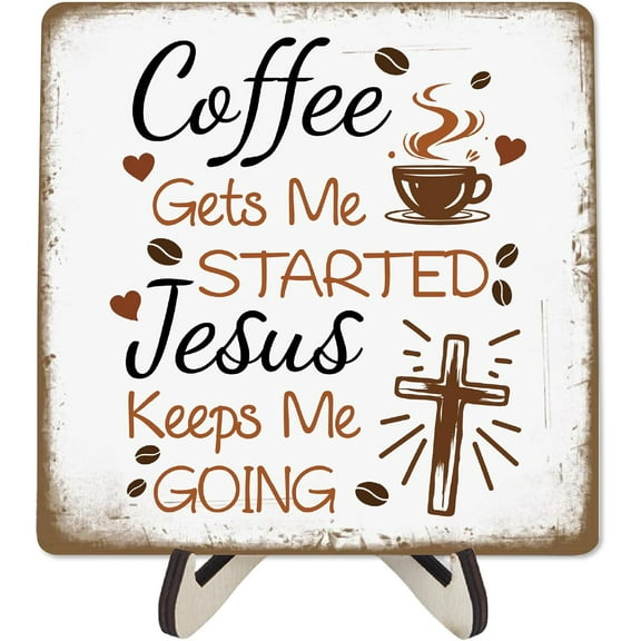 Stand Up Coffee Sign Rustic Wood Plaque White 5.9 x 5.9 Inch Square Vintage Words Started Easel Tabletop Gifts Display Accessories for Farmhouse Cafe Tea Corner Store DIY Decoration White