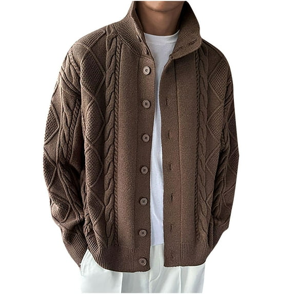 Stand Collar Cable Knitted Sweater Cardigan for Men Button Down Long Sleeve Casual Cozy Outwear Coats