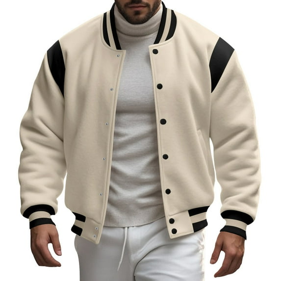 Stand Collar Classic Baseball Jackets (S, Beige)
