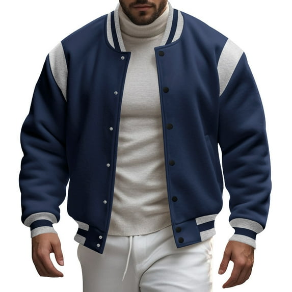 Stand Collar Classic Baseball Jackets (S, DeepBlue)