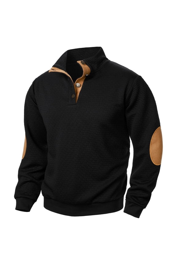 Stand Collar Corduroy Sweatshirt for Men, Long Sleeve Quarter-Button Pullover with Jacquard Print, Casual Winter Top