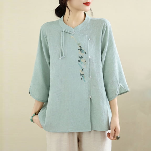 Stand Collar Embroidered Top For Women, 3/4 Sleeve Casual Summer Blouse, Solid Color Mandarin Neck Shirt With Floral Detail, Elegant Womens Tops Light Blue 2XL