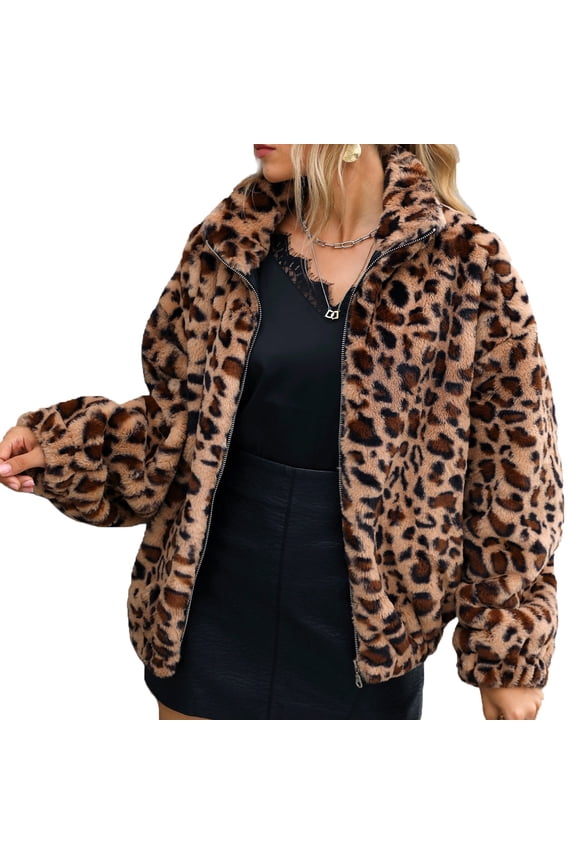 Stand Collar Fleece Zip Up Coat Casual Fashion Leopard Print Outdoor Warm Soft Lightweight Jacket For Daily Wear