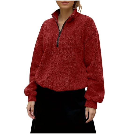 Stand Collar Fuzzy Sherpa Sweatshirts for Women Half Zip Oversized Casual Long Sleeve Loose Pullovers Tunic Tops