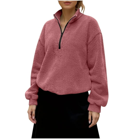 Stand Collar Fuzzy Sherpa Sweatshirts for Women Half Zip Oversized Casual Long Sleeve Loose Pullovers Tunic Tops