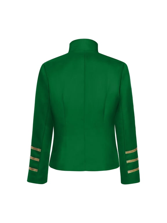 Stand Collar Gold Double Breasted Stripe Decor Long Sleeve Cropped Military Style Jacket for Women Stage Party Halloween Cosplay Outerwear