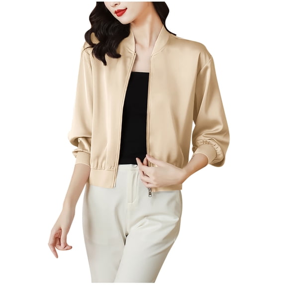 Stand Collar Jacket for Women Long Sleeve Casual Trendy Fall 2025 Crop Outerwear Coats with Pockets Beige L
