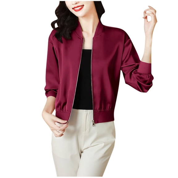 Stand Collar Jacket for Women Long Sleeve Casual Trendy Fall 2025 Crop Outerwear Coats with Pockets Wine M