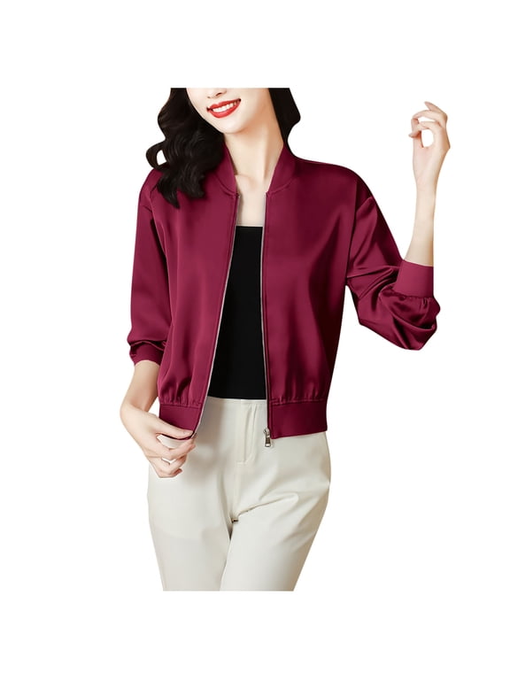 Stand Collar Jacket for Women Long Sleeve Casual Trendy Fall 2025 Crop Outerwear Coats with Pockets Wine M