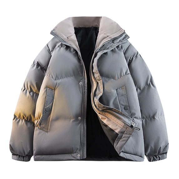 Stand Collar Jackets For Men Waterproof Front Zipper Button Down Coat Thicken Thermal Winter Outwear With Pockets (M, Gray)