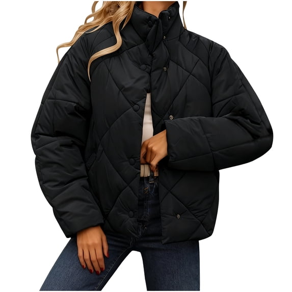 Stand Collar Jackets For Women Button Down Quilted Fall Winter Trendy Outwear Casual Loose Thermal Coat With Pockets (L, Black)