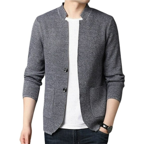 Stand Collar Long Sleeve Pockets Single Breasted Knitted Jacket Men Spring Autumn Solid Color Office Blazer Coat Male Clothing