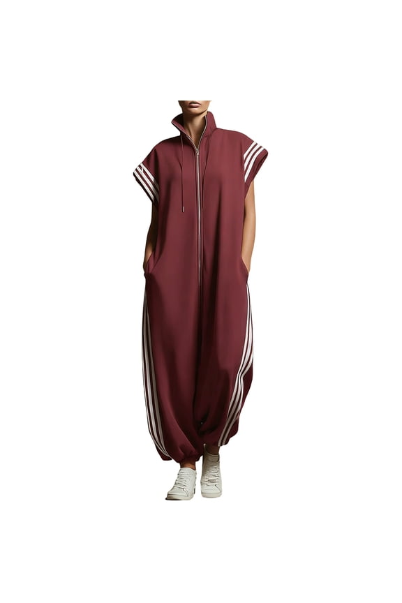 Stand Collar Oversized Overall Jumpsuit for Women Versatile Striped Contrast Pocketed Zip Front Harem Wide Leg Casual Pants for All Occasions