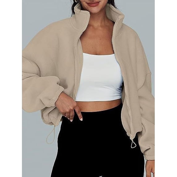 Stand Collar Oversized Zip-Up Sweatshirts (L, LightFawnBeige)
