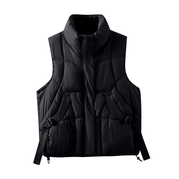 Stand Collar Puffer Vest for Women, Solid Color with Full Zip & Hand Pockets, Polished Look for Business Casual & Weekend OutingsBlackL
