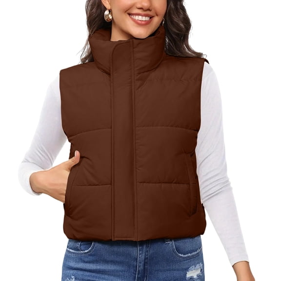 Stand Collar Puffer Vest for Women, Solid Color with Full Zip & Hand Pockets, Polished Look for Business Casual & Weekend OutingsBrownM
