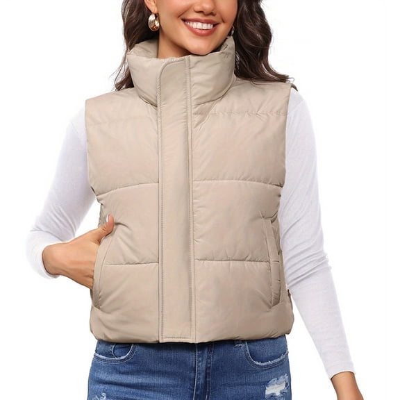 Stand Collar Puffer Vest for Women, Solid Color with Full Zip & Hand Pockets, Polished Look for Business Casual & Weekend OutingsKhakiL