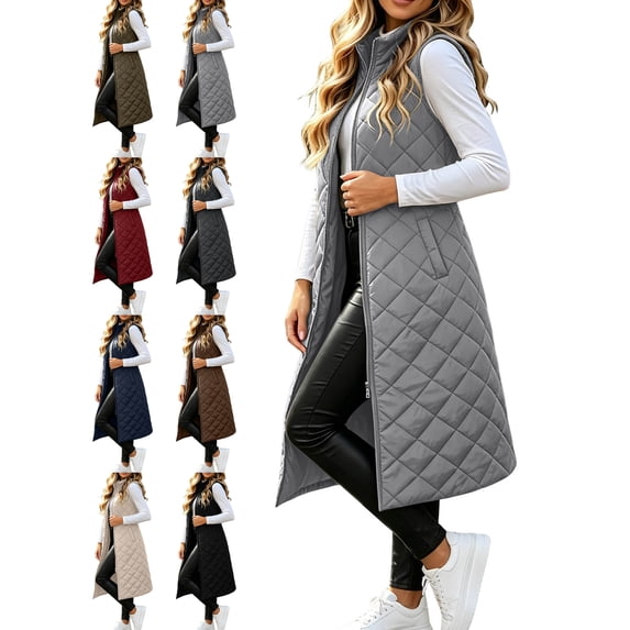 Stand Collar Puffer Vests for Women,Zip Up Sleeveless Oversized Long Quilted Warm Coat With Pockets