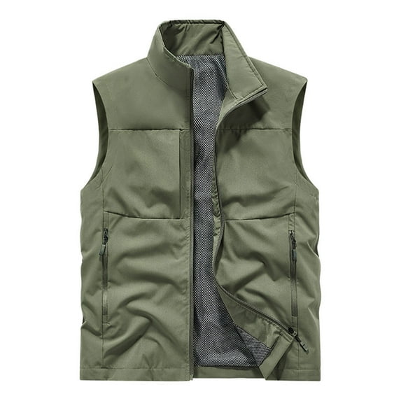 Stand-Collar Sleeveless Coat for Men Zip up Fishing Vest with Zipper Pockets Solid Color Lightweight Outdoor Vest Army Green S