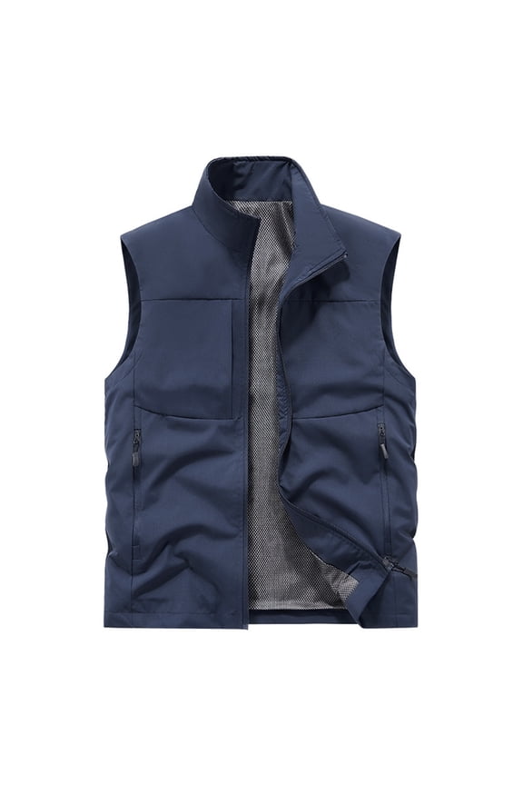 Stand-Collar Sleeveless Coat for Men Zip up Fishing Vest with Zipper Pockets Solid Color Lightweight Outdoor Vest Blue XXL