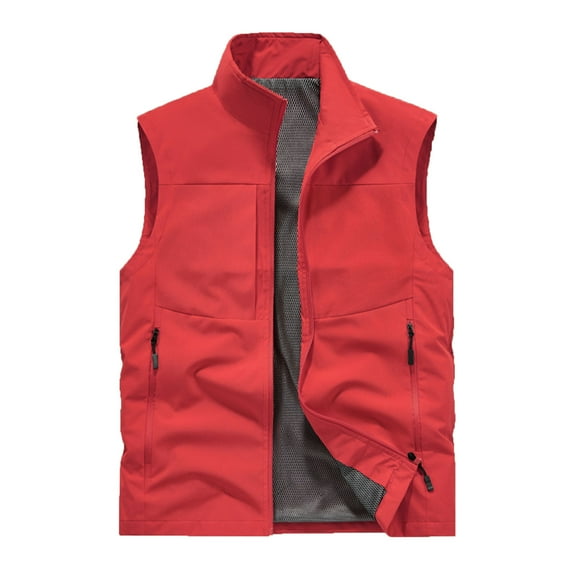 Stand-Collar Sleeveless Coat for Men Zip up Fishing Vest with Zipper Pockets Solid Color Lightweight Outdoor Vest Red L