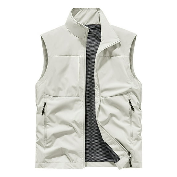 Stand-Collar Sleeveless Coat for Men Zip up Fishing Vest with Zipper Pockets Solid Color Lightweight Outdoor Vest White M