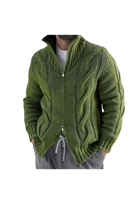 Stand Collar Sweater for Men Winter Chunky Knitted Long Sleeve Cardigan Sweaters with Two-Way Zipper Green 2XL