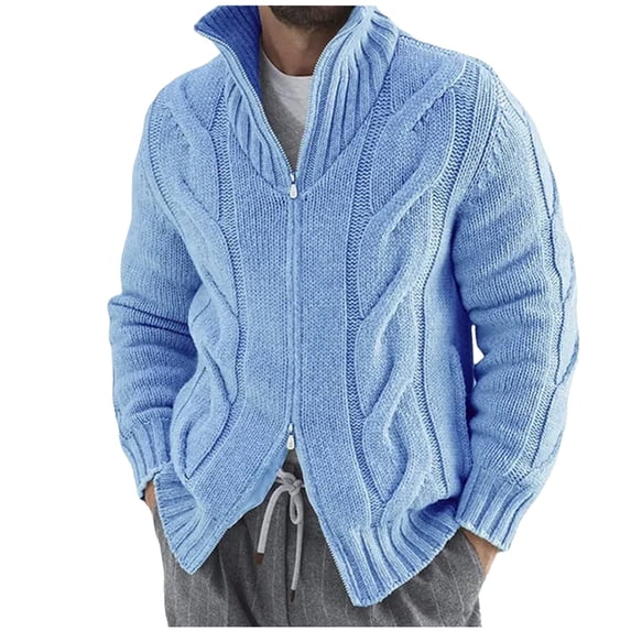 Stand Collar Sweater for Men Winter Chunky Knitted Long Sleeve Cardigan Sweaters with Two-Way Zipper Sky Blue M