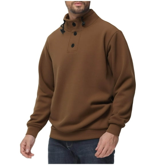 Stand Collar Sweatshirts Button Down Drawstring Color Block Pullover Casual Loose Warm Polar Fleece Tops (L, Brown)
