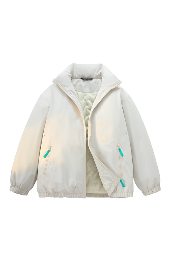 Stand Collar Winter Jackets For Women Front Zip Solid Color Cardigan Casual Loose Thermal Outwear With Zipper Pockets (XL, Beige)