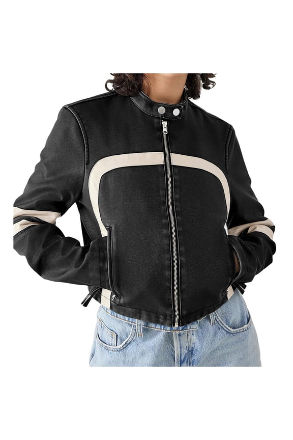 Stand Collar Women Long Sleeve Faux Leather Zipper Jacket Motorcycle Crop Coat