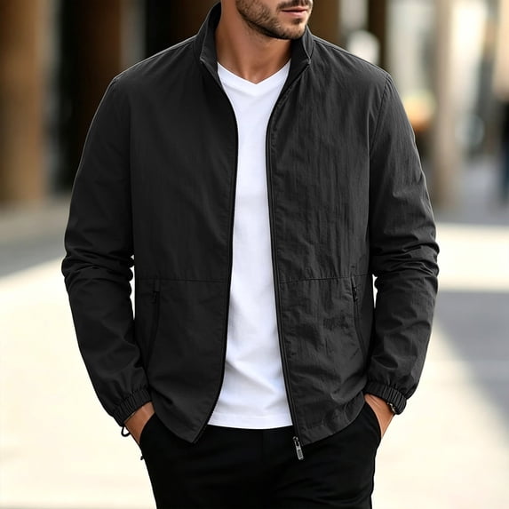 Stand Collar Zip Jacket for Men Fashion Solid Color Outdoor Business Pocket Long Sleeve Jackets Men's Breathable Lightweight Casual Outwear