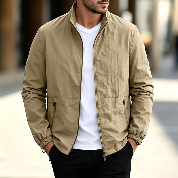 Stand Collar Zip Jacket for Men Fashion Solid Color Outdoor Business Pocket Long Sleeve Jackets Men's Breathable Lightweight Casual Outwear
