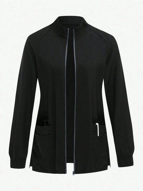 Stand Collar Zip Up Jacket for Women Long Sleeve Fitted Waist Cinching Patch Pocket Workwear Scrub Top