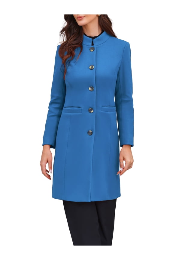 Stand Collar for Women  Mid-Long Button-Down Winter Overcoat L Blue