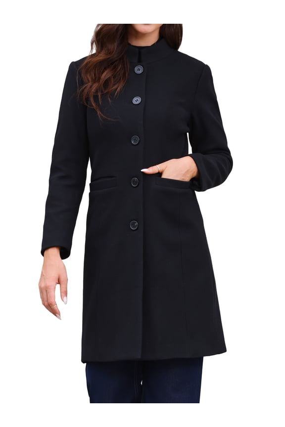Stand Collar for Women  Mid-Long Button-Down Winter Overcoat XS Black