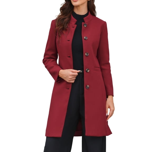 INSPIRE CHIC Stand Collar for Women  Mid-Long Button-Down Winter Overcoat XS Dark Red