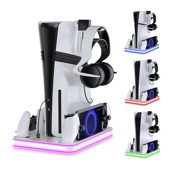 Stand and Cooling Station for PS5/PS5 Slim/PS5 Pro with RGB LED Controller Charging Dock Accessories, Charger for PlayStation 5 Controller and PS Portal Console Headset and Remote Holders (White)
