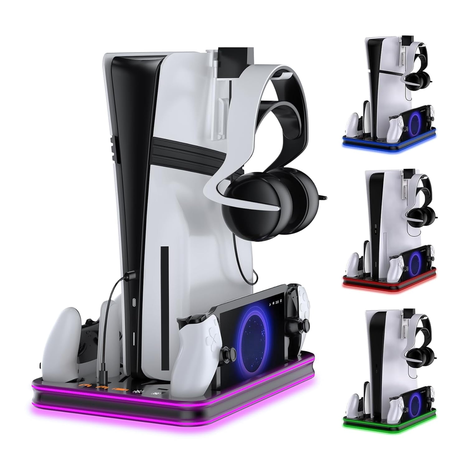 Stand and Cooling Station for PS5/ Slim/ Pro with RGB LED Controller Charging Dock Accessories, Charger for PlayStation 5 Controller and PS Portal Console Headset and Remote Holders (Black)