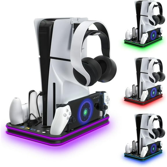 Stand and Cooling Station with RGB LED Controller Charging Station for PlayStation 5, For PS5 Controller Charger and PS Portal Remote Player Magnetic Charger, For PS5 / PS5 Slim Accessories Cooling