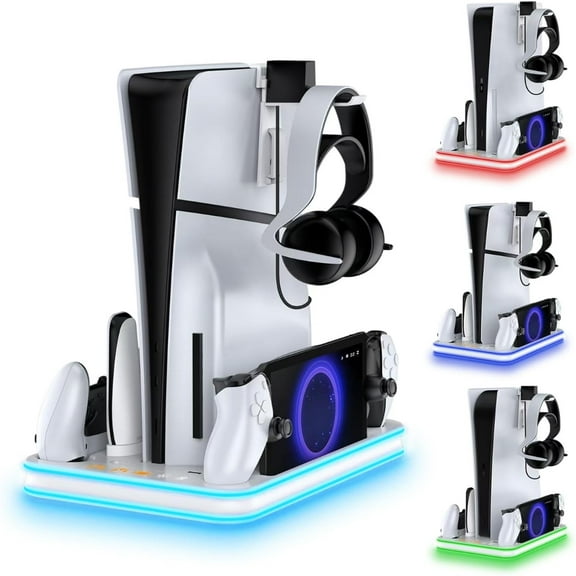 Stand and Cooling Station with RGB Lighting and 3 Level Cooling Fan Charging Dock for PS5 Edge Controller and PS Portal,Remote Control and Headset holders,For PS5/Slim Accessories