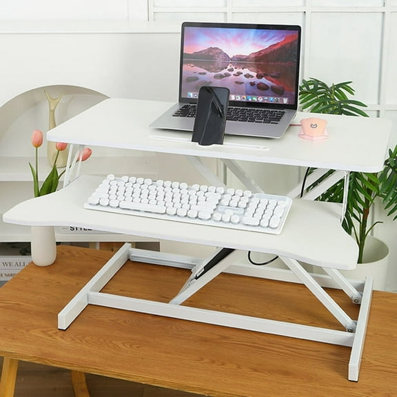 Stand Up Desk Riser 32 Inch, Height Adjustable Laptop Sit Stand Desk Riser Laptop Workstation for Table Tops and Home Office with Keyboard Tray, White