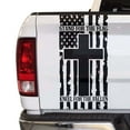 thumbnail image 1 of Stand For The Flag Kneel For The Fallen Distressed American Flag with Cross Truck Tailgate Vinyl Decal fits Most Pickup Trucks Patriotic Christian Cross USA Sticker (11" x 25", Black), 1 of 8