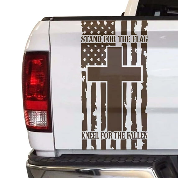 Stand For The Flag Kneel For The Fallen Distressed American Flag with Cross Truck Tailgate Vinyl Decal fits Most Pickup Trucks Patriotic Christian Cross USA Sticker (11" x 25", Brown)