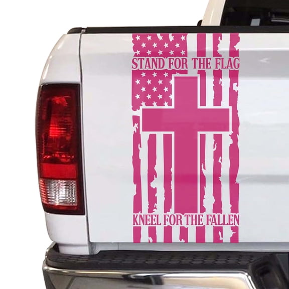 Stand For The Flag Kneel For The Fallen Distressed American Flag with Cross Truck Tailgate Vinyl Decal fits Most Pickup Trucks Patriotic Christian Cross USA Sticker (11" x 25", Pink)